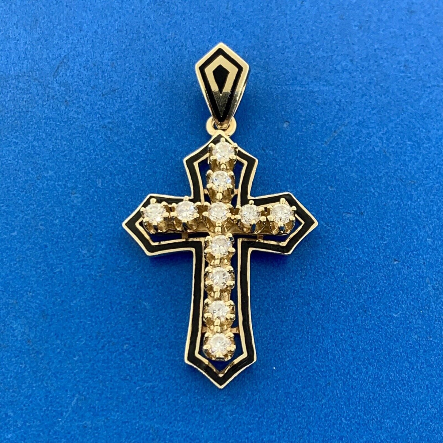 Designer 10K Yellow Gold Cubic Zirconia CZ Black Enamel Statement Cross Pendant