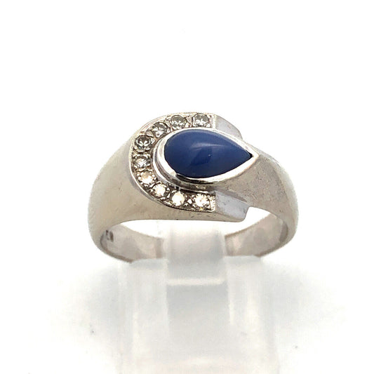 Designer 14K White Gold Blue Star Sapphire Diamond Accented Modernist Ring