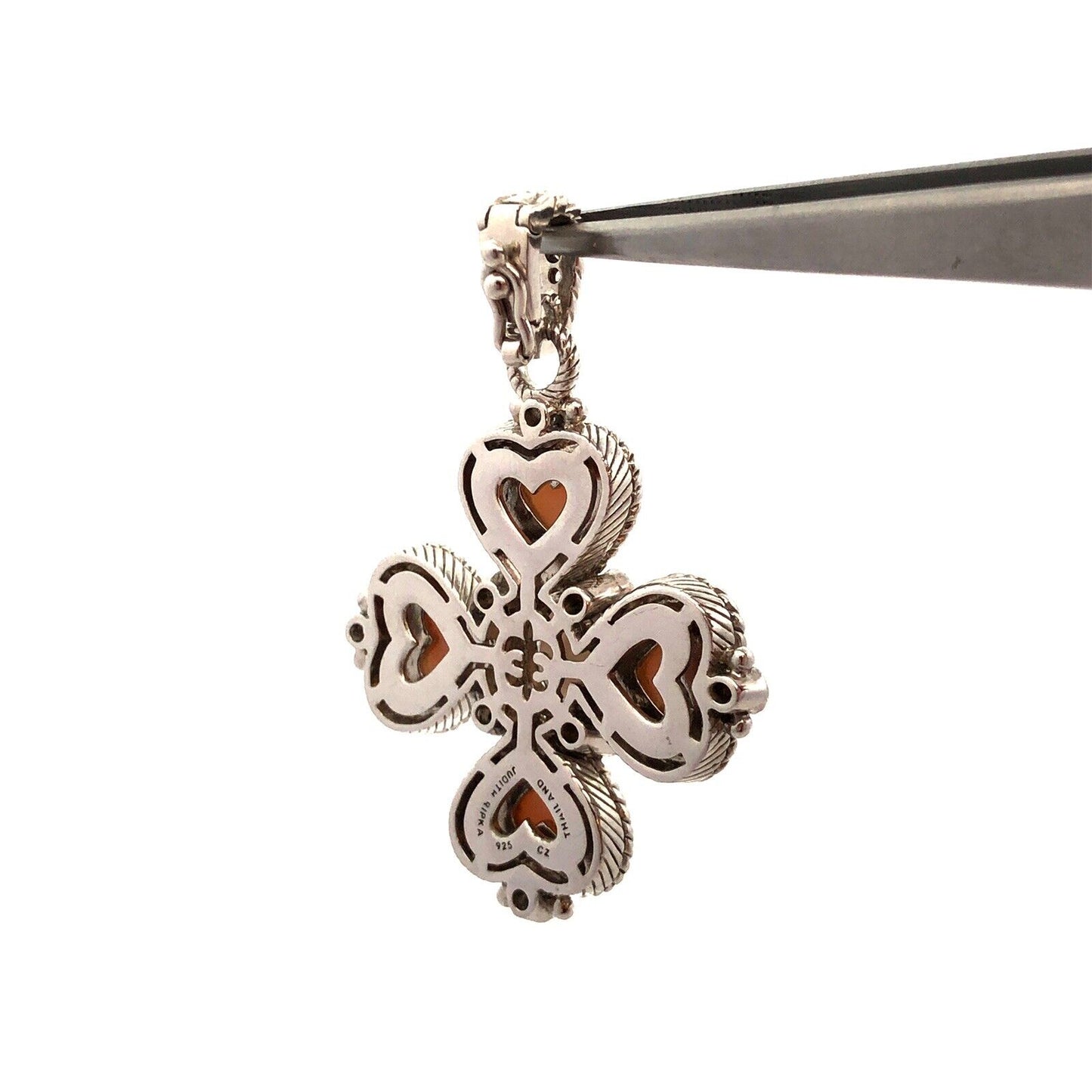 Judith Ripka 925 Sterling Silver CZ Smokey Quartz  Mother of Pearl Cross Pendant