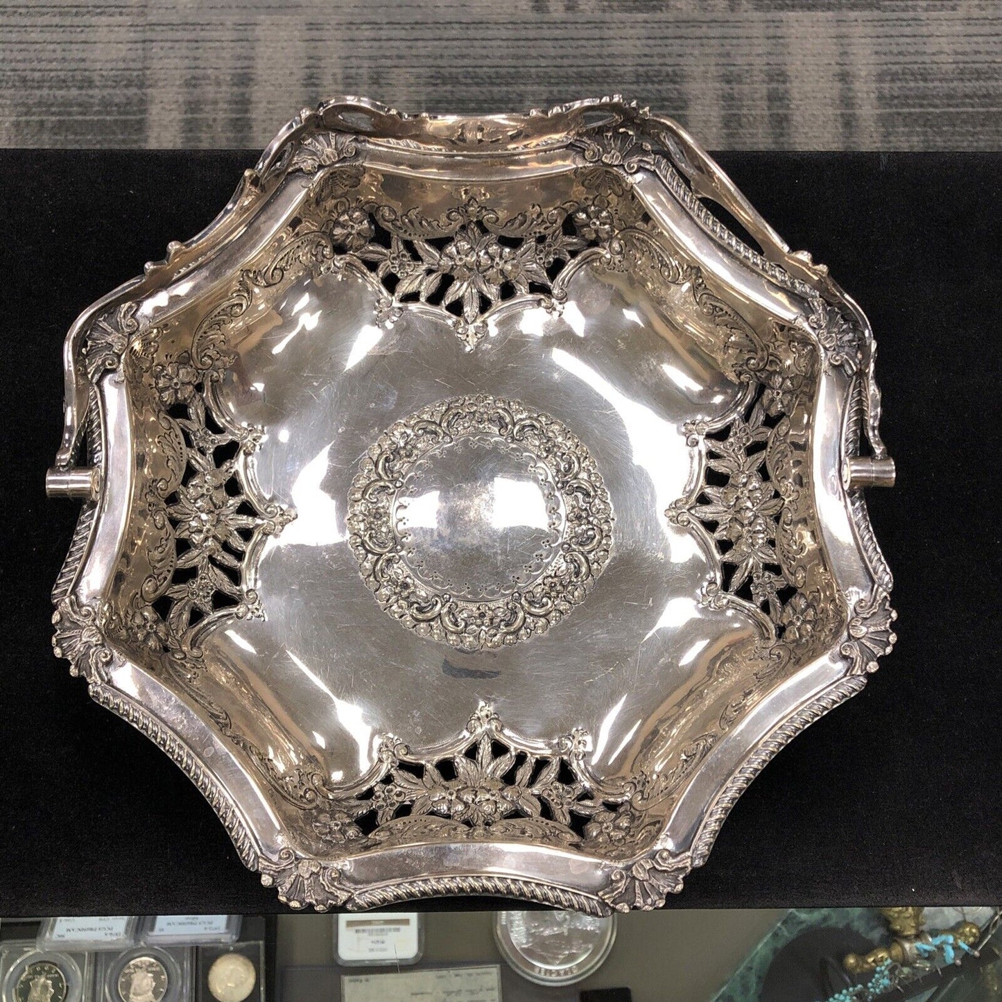Antique Ledsam & Vale L & Co Silver Plate Floral Open Work Handled Brides Basket