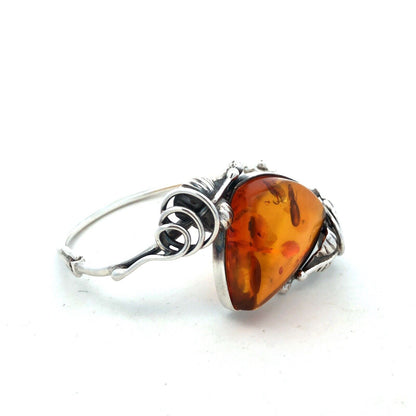 Vintage 925 Sterling Silver Trillion Amber Cabochon Hinged Vine Cuff Bracelet