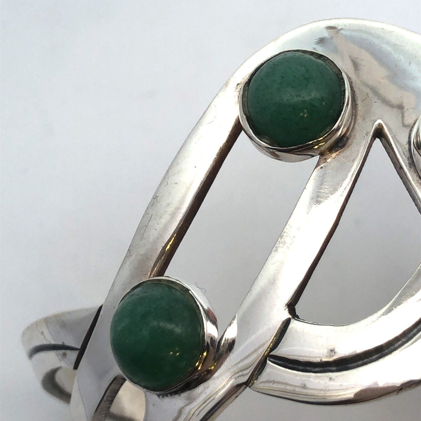 Mid Century Taxco 925 Sterling Silver Modernist Green Tourmaline Cuff Bracelet