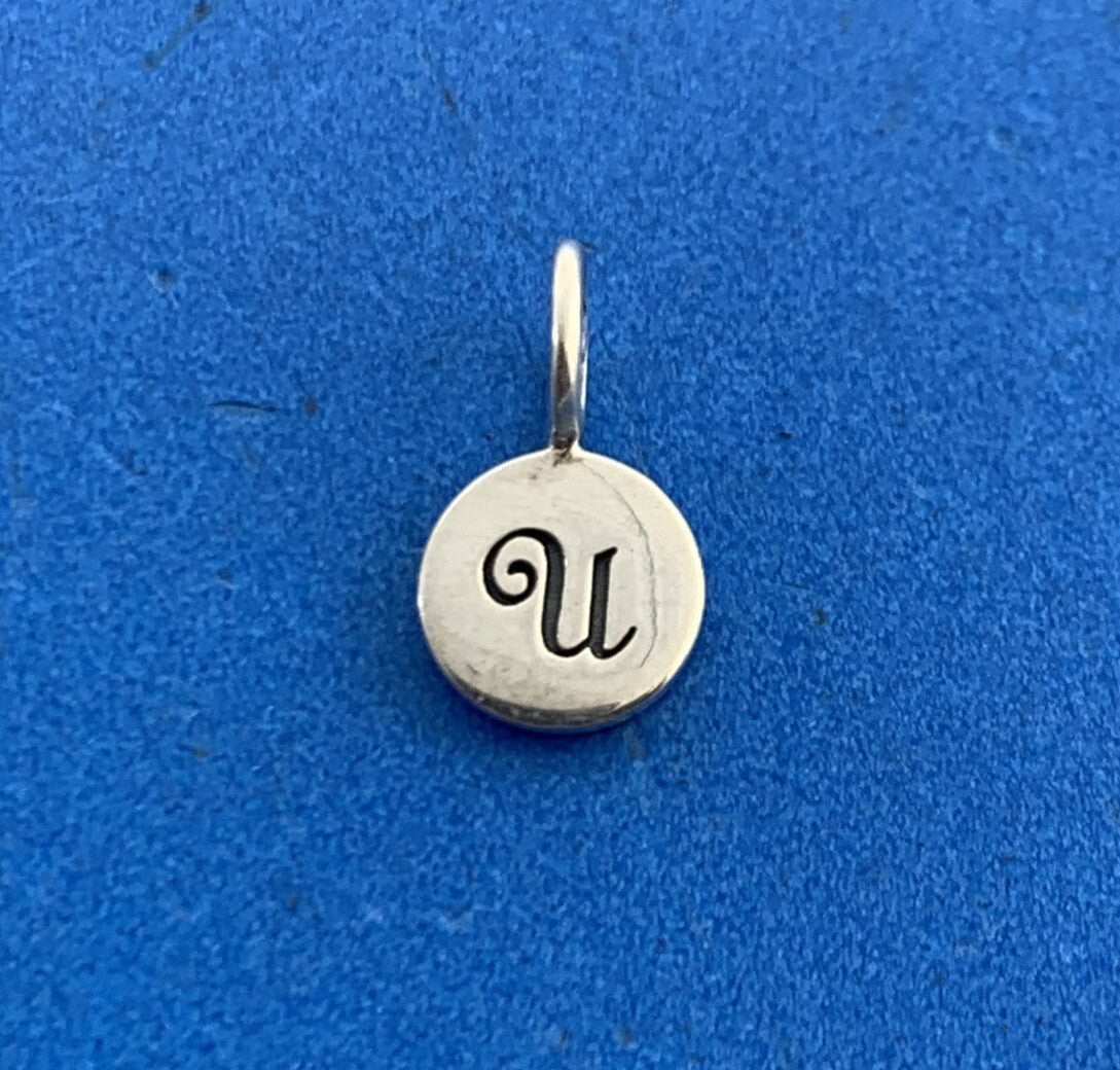 PST 925 Sterling Silver U Initial Monogram Script Petite Disc Bracelet Charm