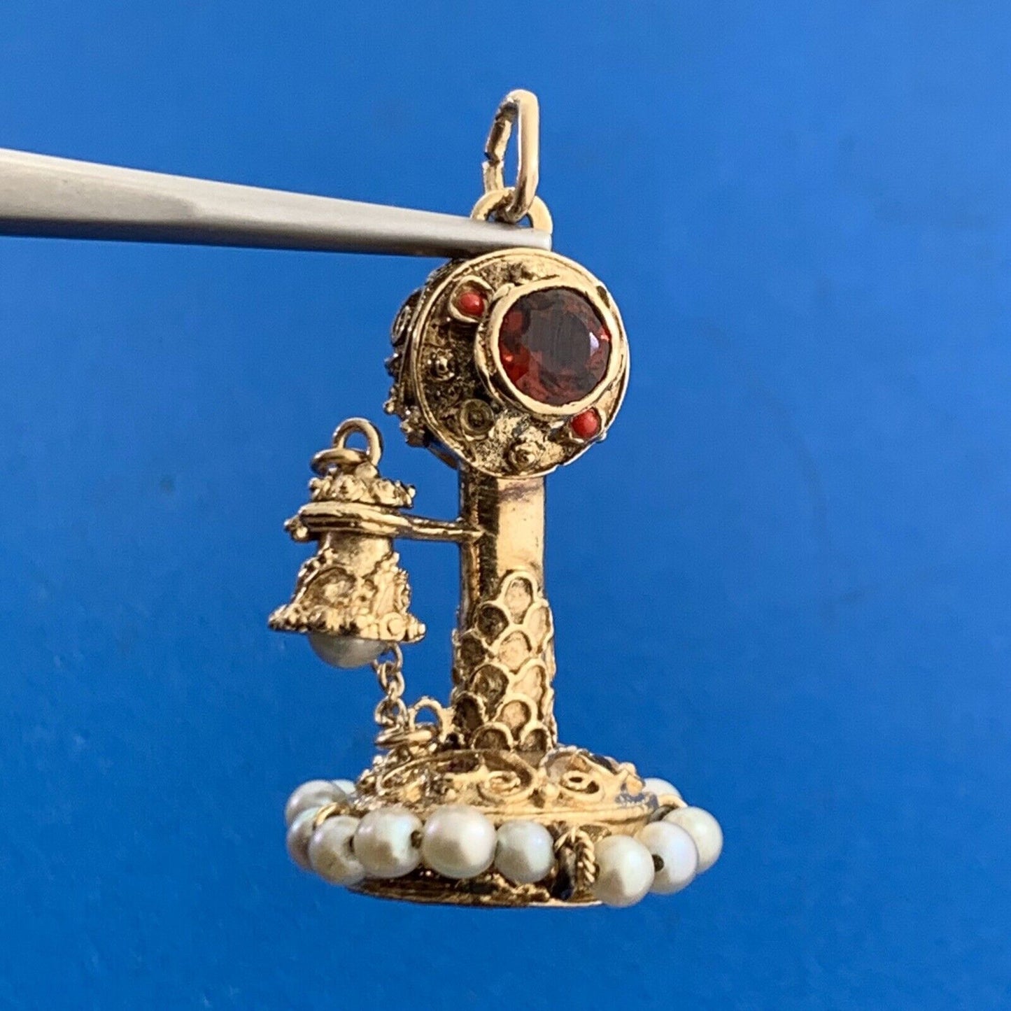 Art Nouveau 14K Yellow Gold Garnet Pearl Turquoise Coral Telephone Pendant