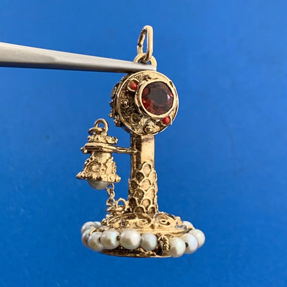 Art Nouveau 14K Yellow Gold Garnet Pearl Turquoise Coral Telephone Pendant