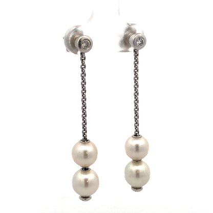 Mikimoto 18K White Gold Diamond Pearls In Motion Drop Dangle Stud Earrings