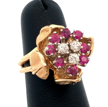 Designer EAG 14K Yellow Gold Round Ruby Diamond Flower Bud Statement Ring