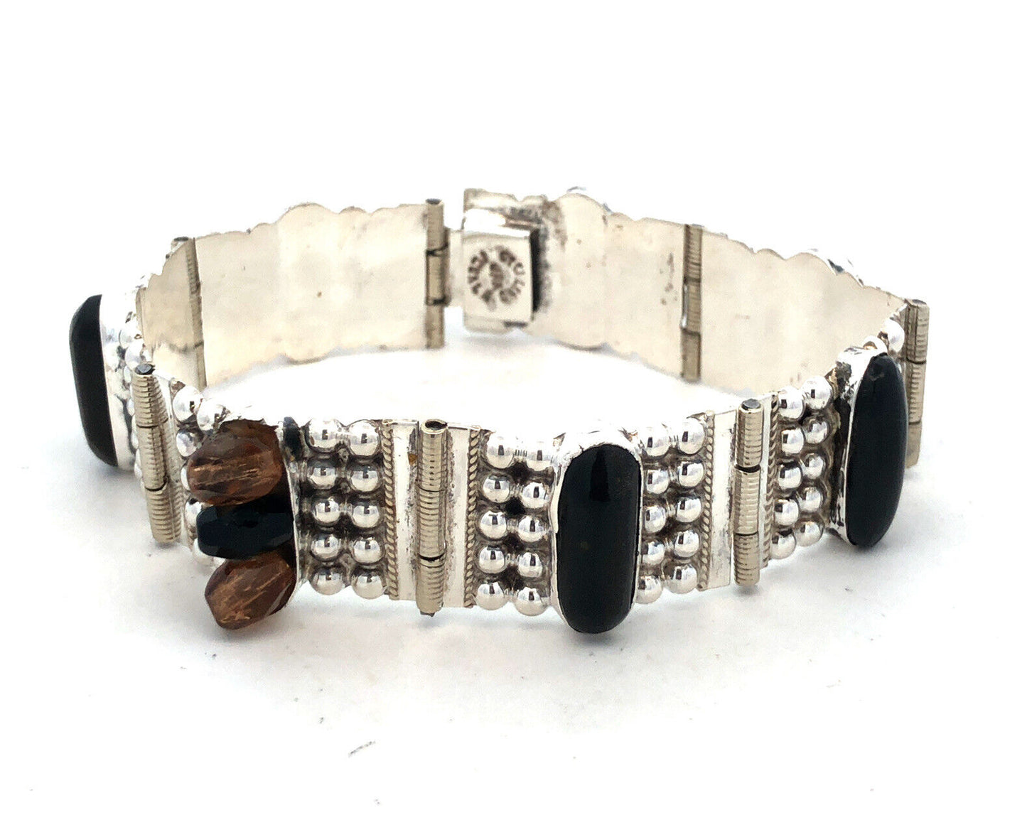 Modernitst Taxco Sterling Silver Oval Black Onyx Cabochon Beaded Panel Bracelet