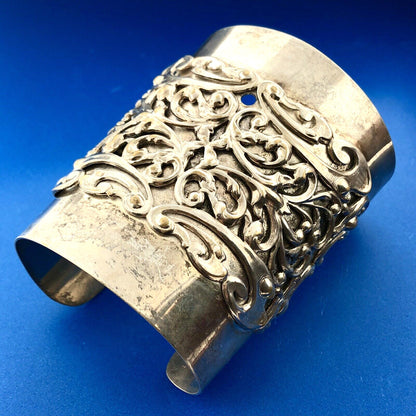 1950's Joseff Of Hollywood Silver Plated Adjustable Baroque Open Cuff Bracelet
