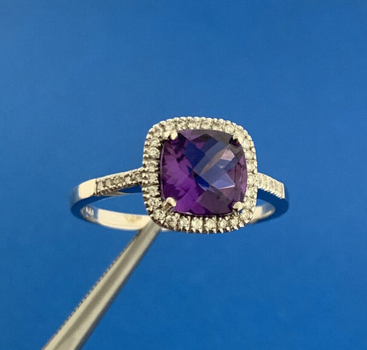 Designer 14K White Gold Cushion Cut Amethyst Diamomd Halo Accented Ring