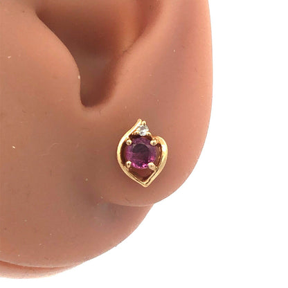Estate Designer 14K Yellow Gold Ruby Diamond July Anniversary Stud Earrings