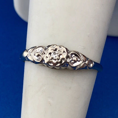 Art Deco 14K White Gold Diamond Solitaire Sweetheart Scroll Engagement Ring