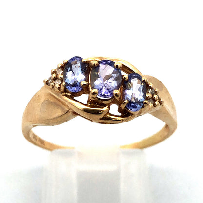 Gorgeous 14k Yellow Gold Oval Triple Tanzanite Diamond Twist Ring Size 9.75