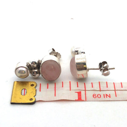 Vintage 925 Sterling Silver Oval Rose Quartz Pearl Drop Stud Earrings