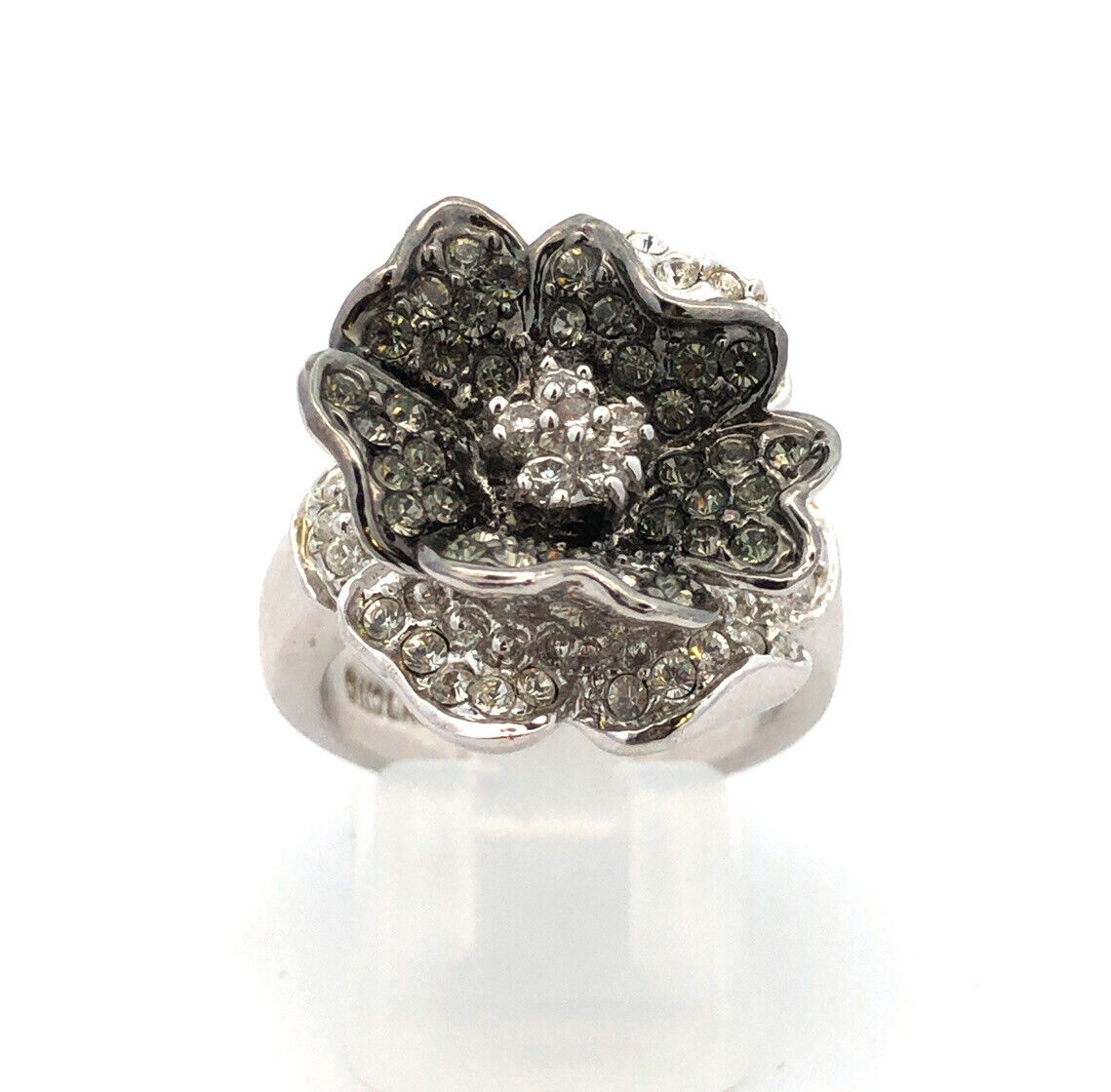 Designer Nolan Miller Silver Tone Pave Cubic Zirconia Black White Flower Ring