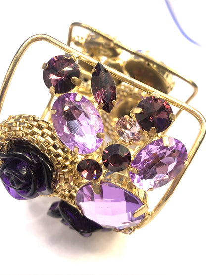 Designer Gold Tone Purple Cubic Zirconia Acrylic Statement Open Cuff Bracelet