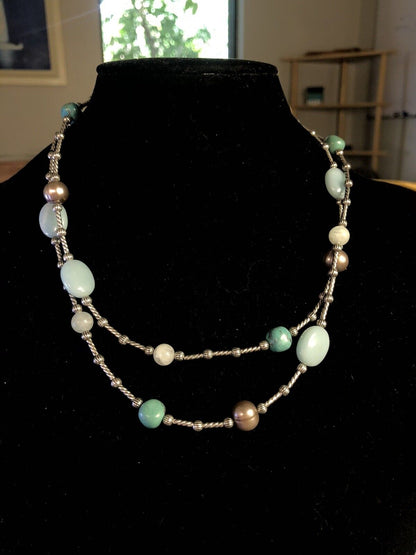 Native American Carolyn Pollack 925 Silver Turquoise Pearl Beaded Necklace
