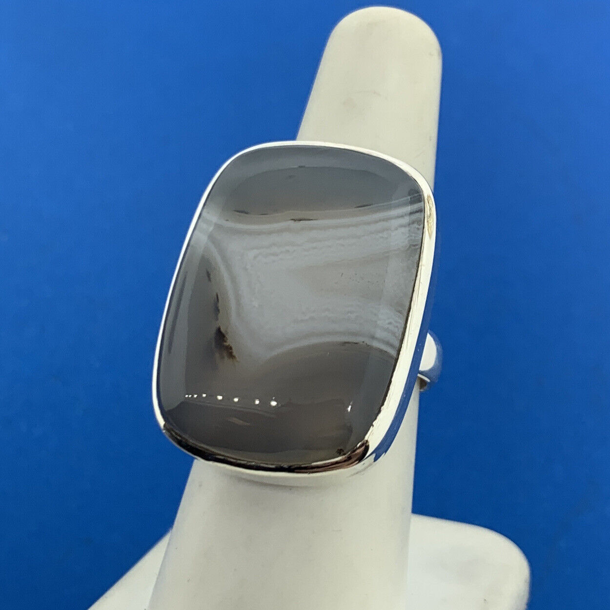 Retro 925 Sterling Silver Rectangle Banded Agate Statement Cocktail Ring