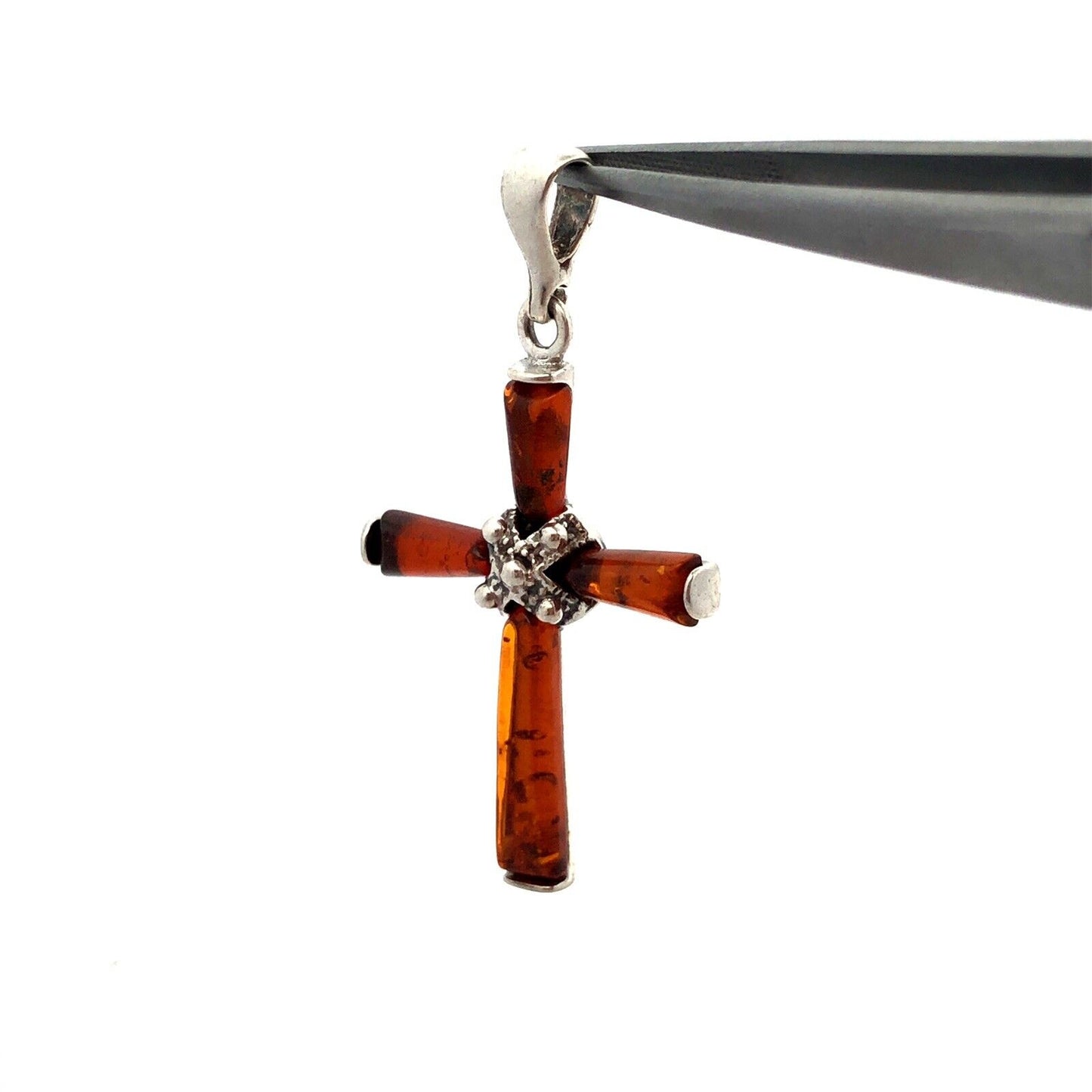 Vintage 925 Sterling Silver Orange Amber Cross Pendant