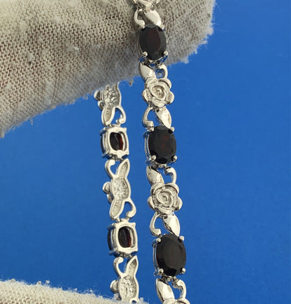 Designer 925 Sterling Silver Oval Garnet Flower Station January Tennis Bracelet