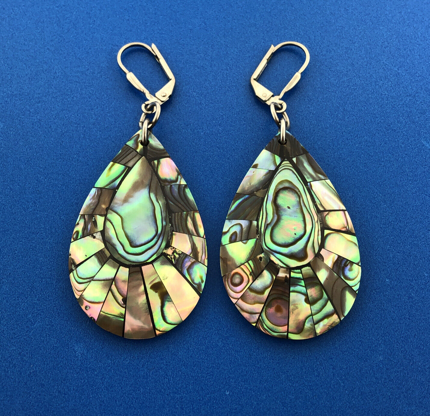 Stunning Silver Toned Teardrop Shaped Mother of Pearl Dangle Leverback Earrings