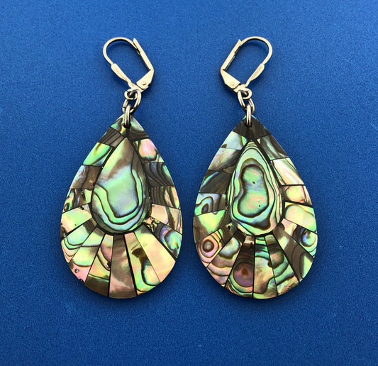Stunning Silver Toned Teardrop Shaped Mother of Pearl Dangle Leverback Earrings