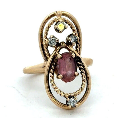 Vintage 14K Yellow Gold Oval Purple Amethyst Diamond Art Deco Ring