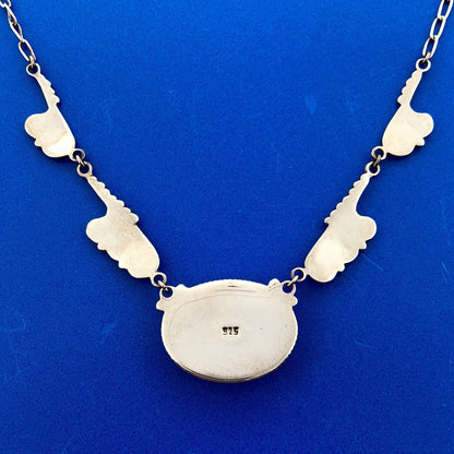 Vintage 925 Sterling Silver Dark Green Maw Sit Sit Oval Cabochon Scroll Necklace