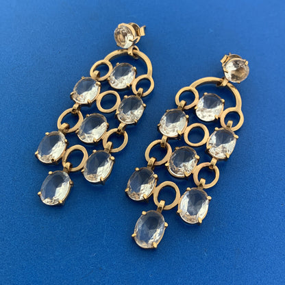 Mid Century Designer Gold Tone Glass Chandelier Runway Quality Pierced Earrings