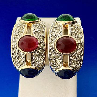 Vintage Runway Gold Tone Red Blue Green Glass Cabochon Rhinestone Clip Earrings
