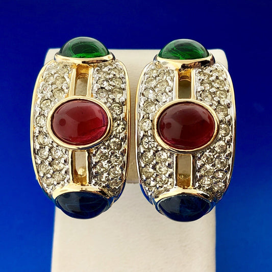 Vintage Runway Gold Tone Red Blue Green Glass Cabochon Rhinestone Clip Earrings