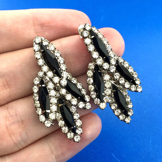 Art Deco Silver Tone Black Jet White Rhinestone Feather Leaf Dangle Earrings