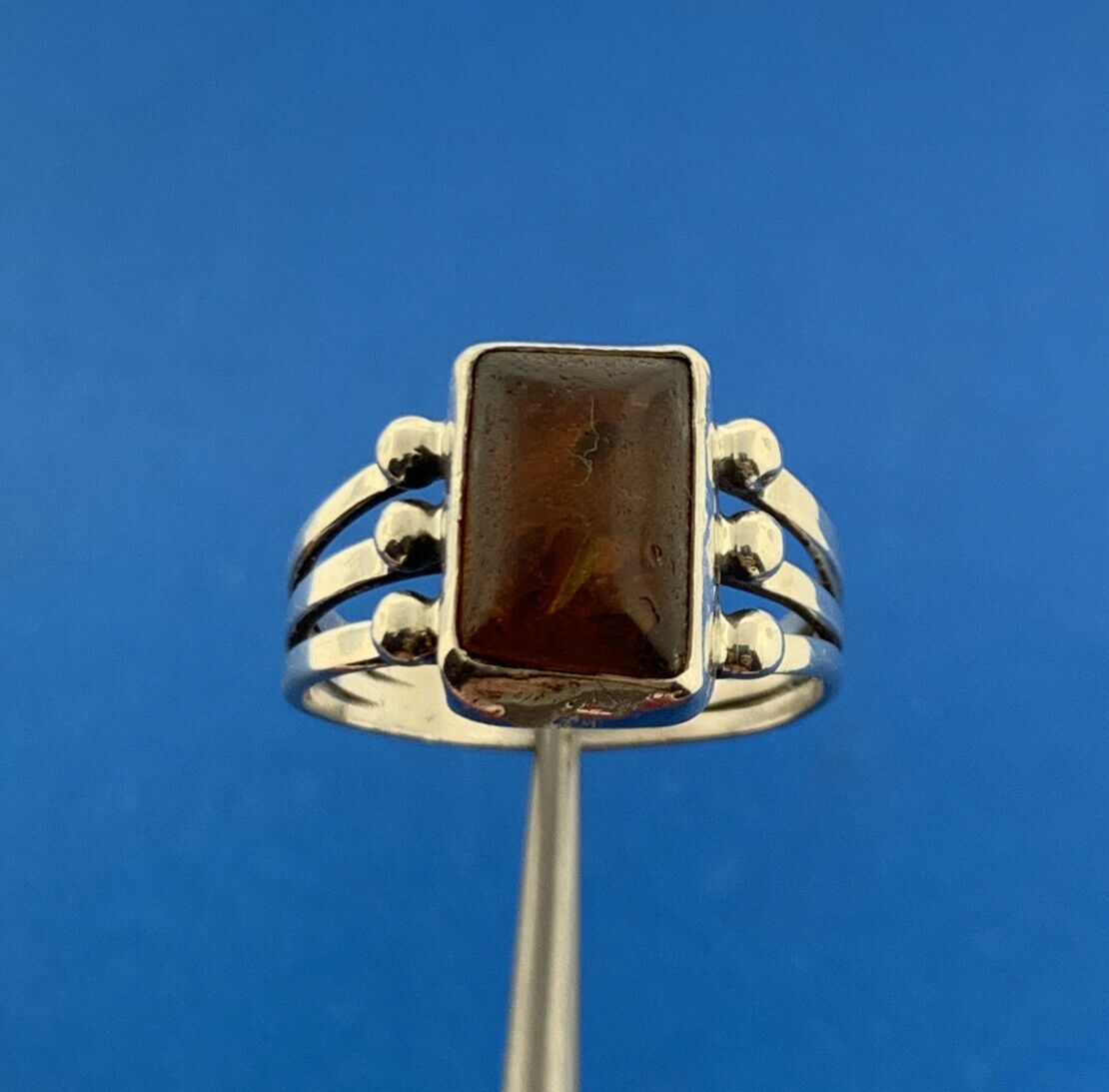 925 Sterling Silver Amber Rectangle Cabochon Cocktail Ring