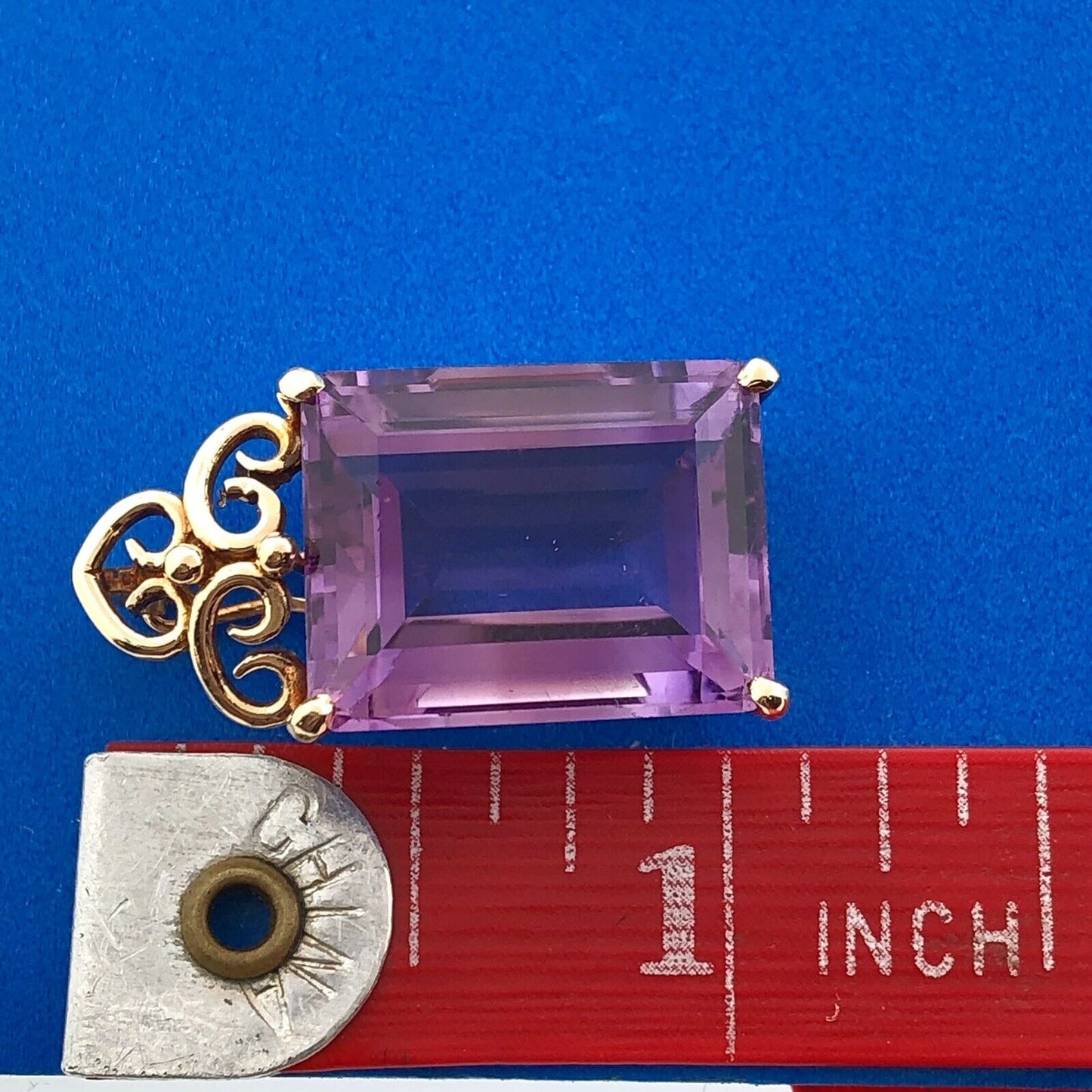 Estate 14K Yellow Gold Rectangular Cut Amethyst Statement Enhancer Pendant