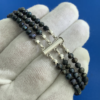 Designer USA Black Pearl Beaded Knotted 3-Strand 950 Silver Bracelet