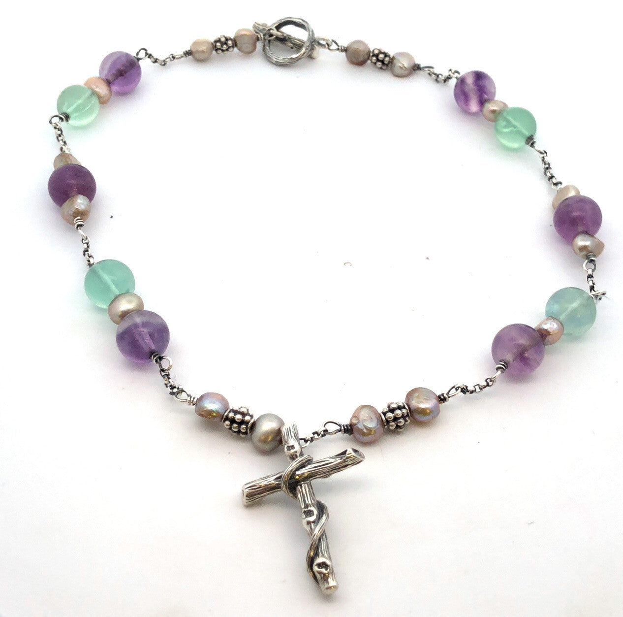 Retired Mignon Faget Sterling Silver Fences Cross Aquamarine Pearl Bead Necklace