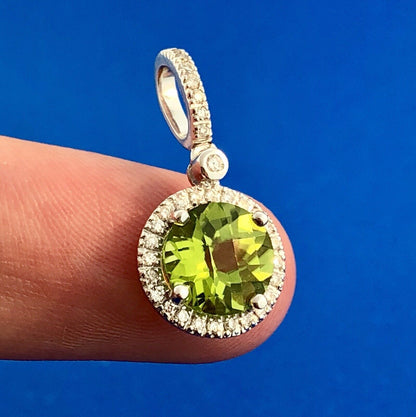 14k White Gold Peridot Pendant Diamond Halo Accents August Anniversary Pendant