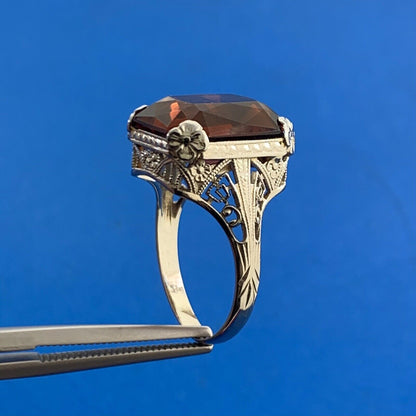 Vintage 18K White Gold Radiant Orange Tourmaline Open Filigree Cocktail Ring