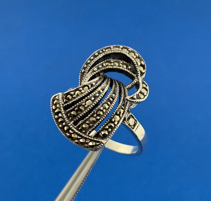 Estate Art Deco 925 Sterling Silver Marcasite Free Form Statement Cocktail Ring