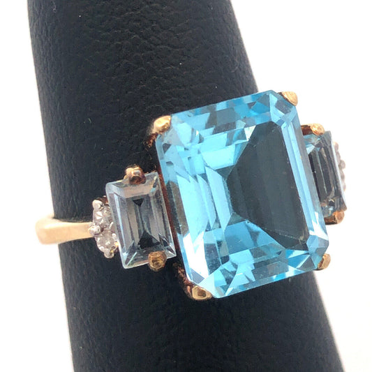 14K Yellow Gold Blue Topaz Diamond December Anniversary Cocktail Statement Ring