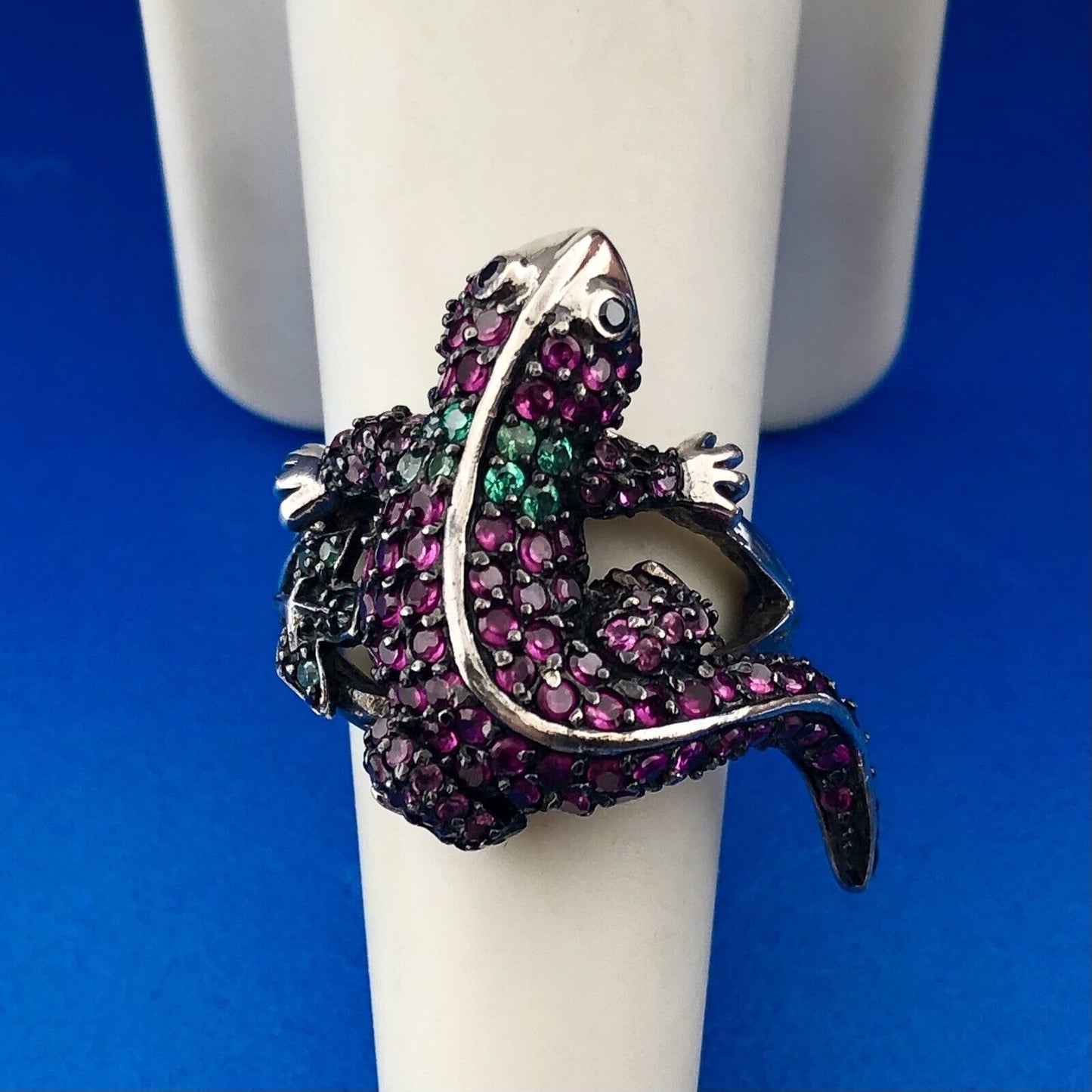 Unusual 925 Sterling Silver Ruby Emerald Gila Monster Lizard Statement Ring
