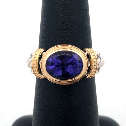 Designer Reve 925 Sterling Silver Two Tone Oval Purple CZ Twist Statement Ring