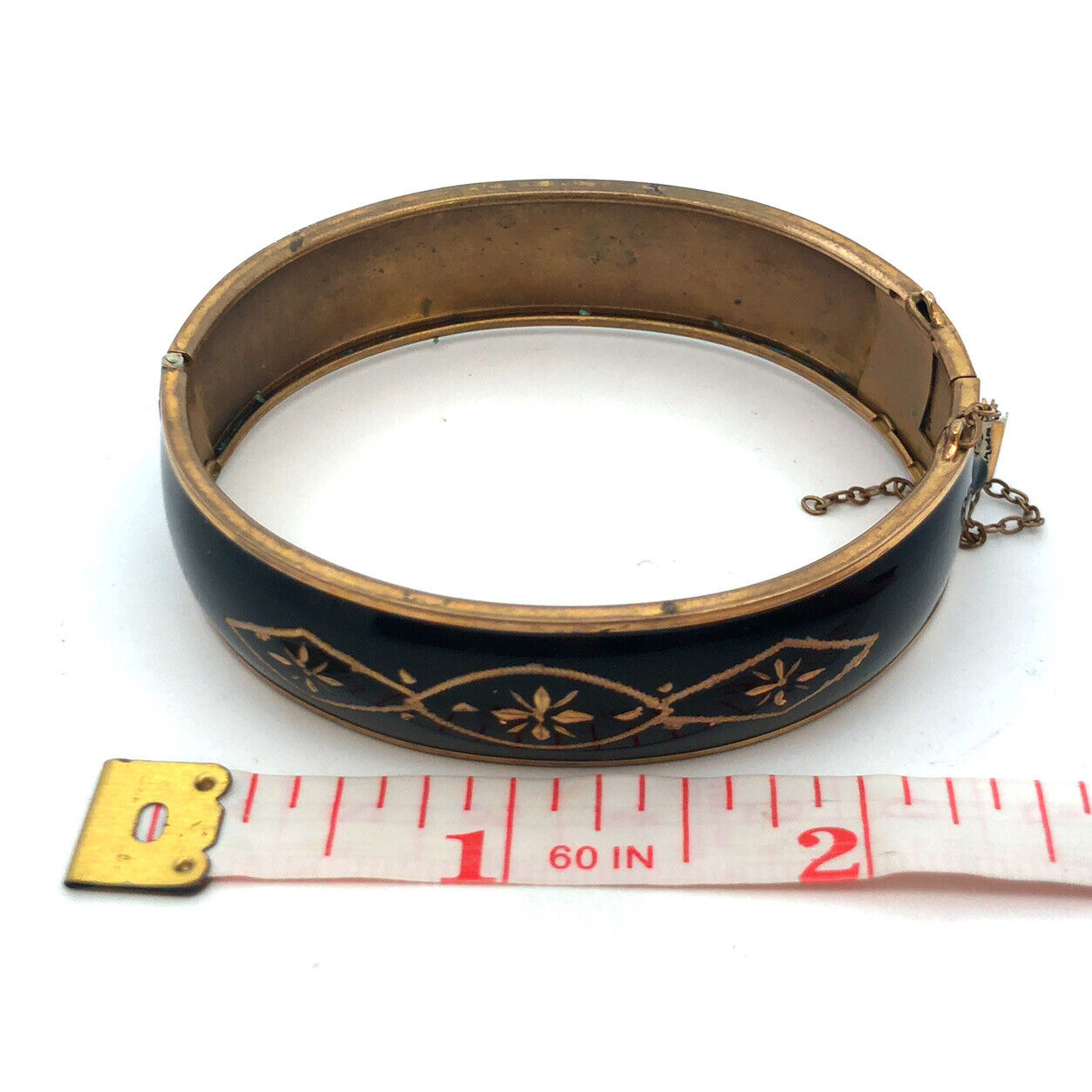 Vintage Gold Tone Black Enamel Gold Tone Floral Inlay Hinged Cuff Bracelet