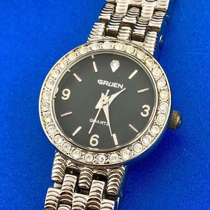 Elegant GRUEN Ladies Silver Tone Cubic Zirconia Bezel Bracelet Wrist Watch Works
