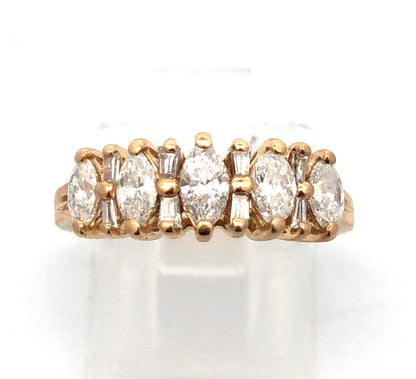 Designer 14K Yellow Gold Marquise & Baguette Diamond Anniversary Band Ring