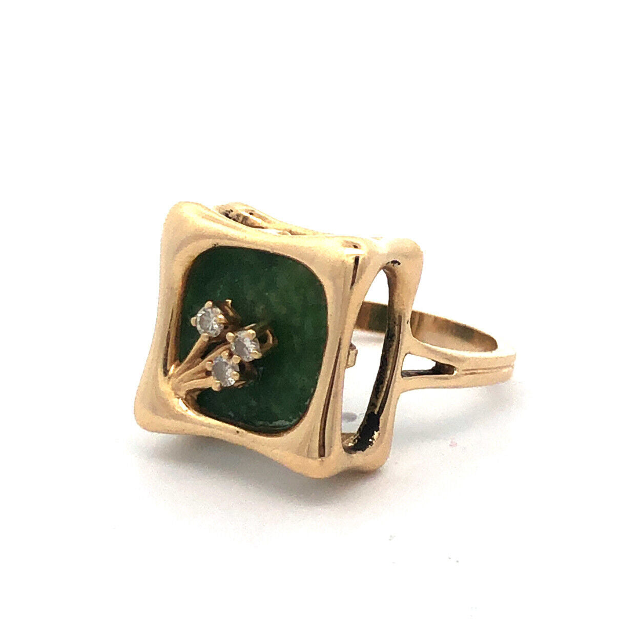 Designer 14K Yellow Gold Green Square Jade Diamond Modernist Statement Ring