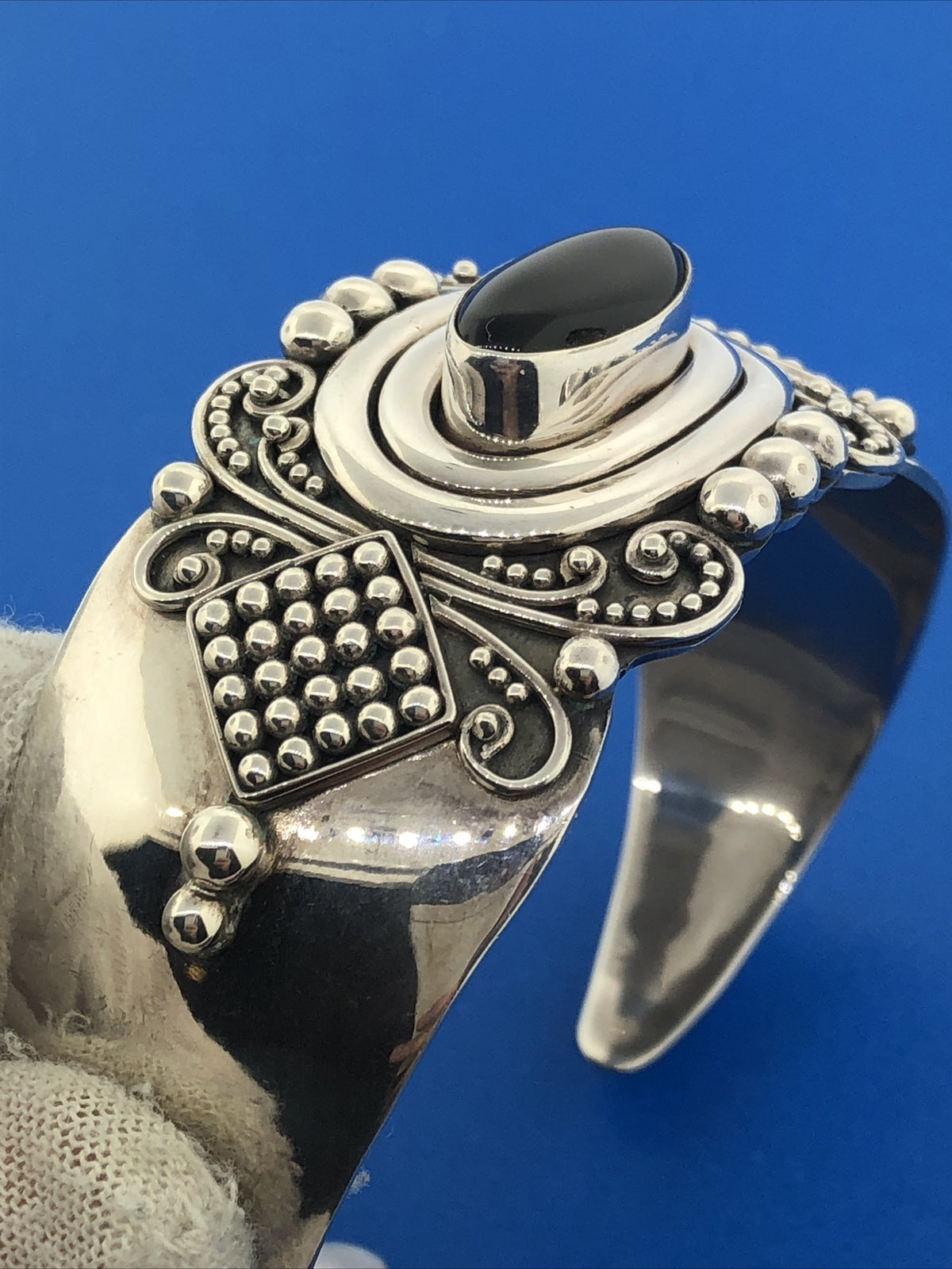 Designer BA Suarti Sterling Silver Black Onyx Balinese Statement Cuff Bracelet