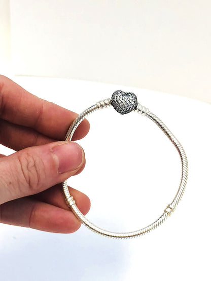 Authentic Pandora 925 Sterling Silver Pave Heart Clasp 590727CZ Charm Bracelet