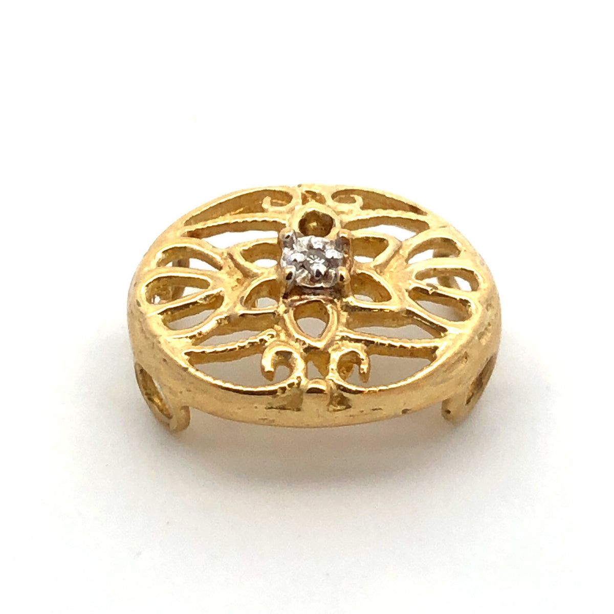 Designer 10K Yellow Gold Diamond Floral Scroll Oval Slide Bracelet Charm