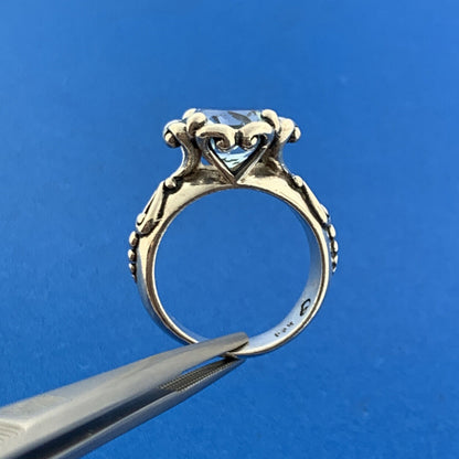 Designer 925 Sterling Silver Round Blue Topaz Heart Scroll Bead Work Ring